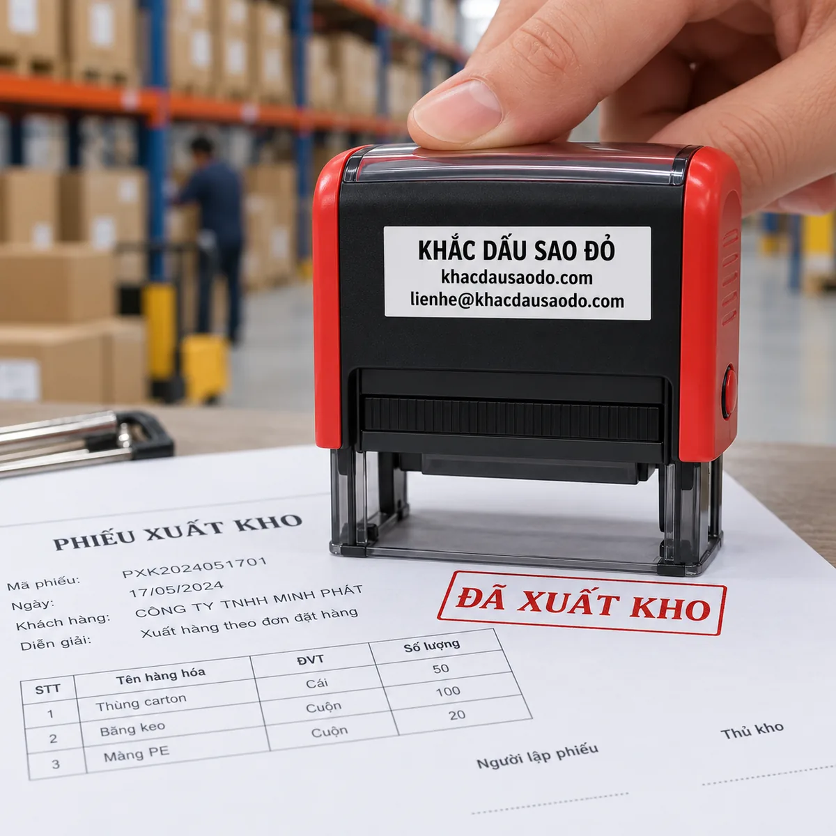 Dấu đã xuất kho bố cục nhóm sản phẩm của Khắc Dấu Sao Đỏ