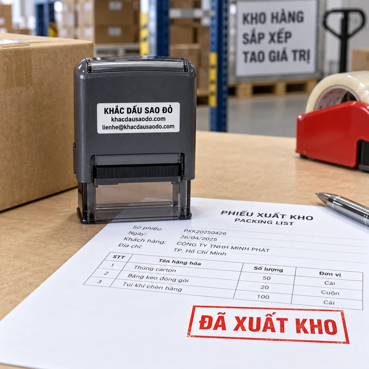 Dấu đã xuất kho góc chụp catalog của Khắc Dấu Sao Đỏ