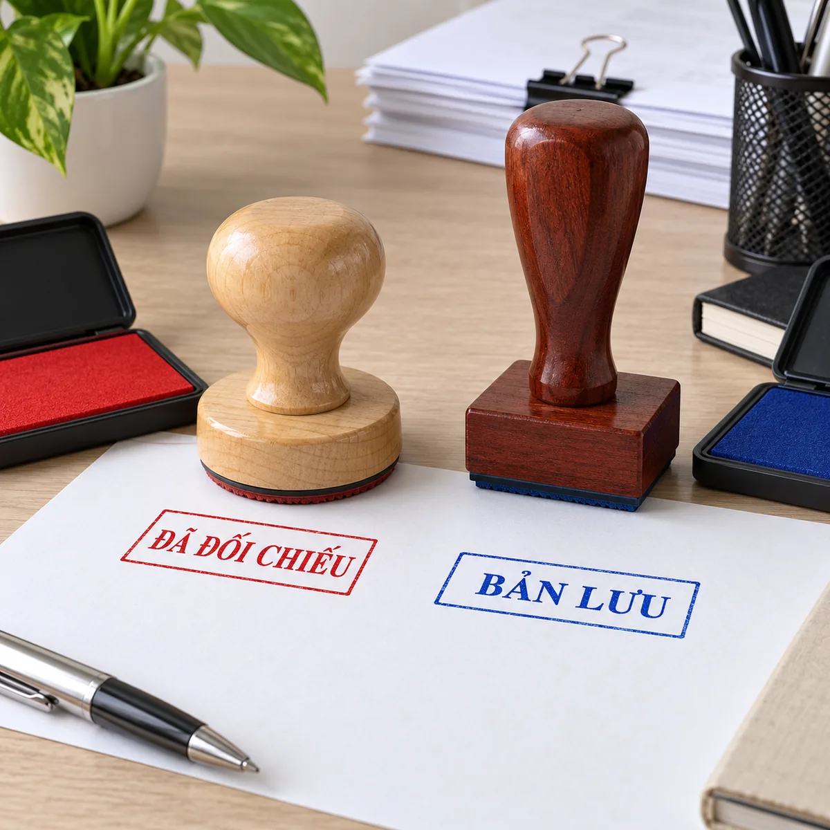 Dấu gỗ góc chụp catalog của Khắc Dấu Sao Đỏ