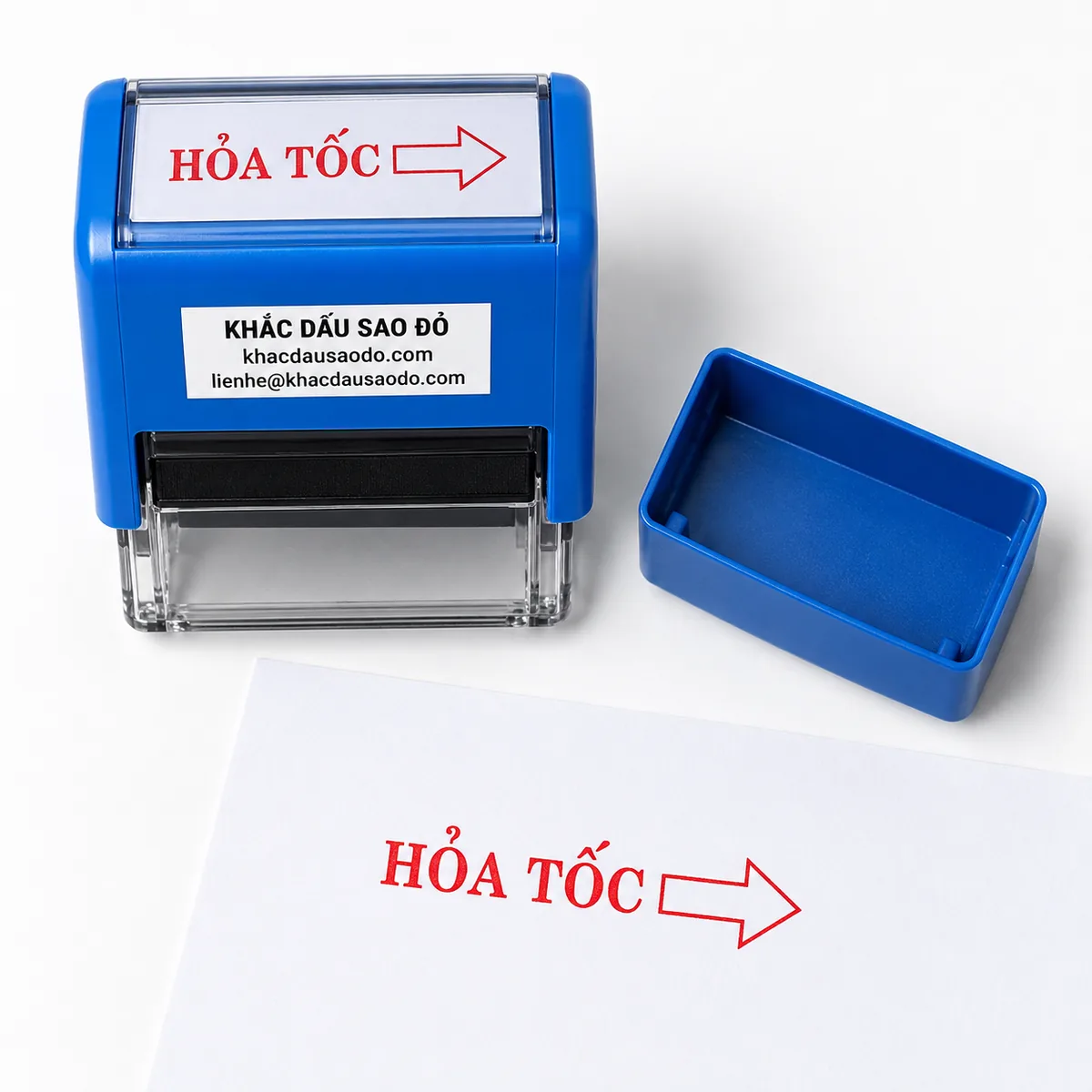 Dấu hỏa tốc góc chụp catalog của Khắc Dấu Sao Đỏ
