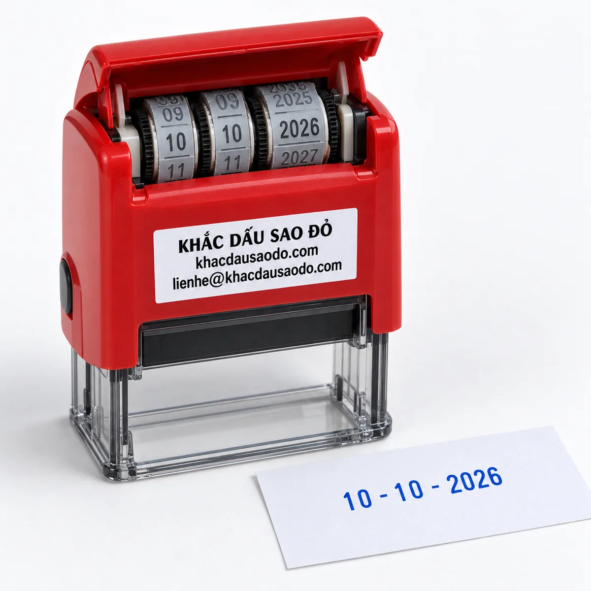 Dấu ngày tháng năm cùng bản đóng mẫu của Khắc Dấu Sao Đỏ